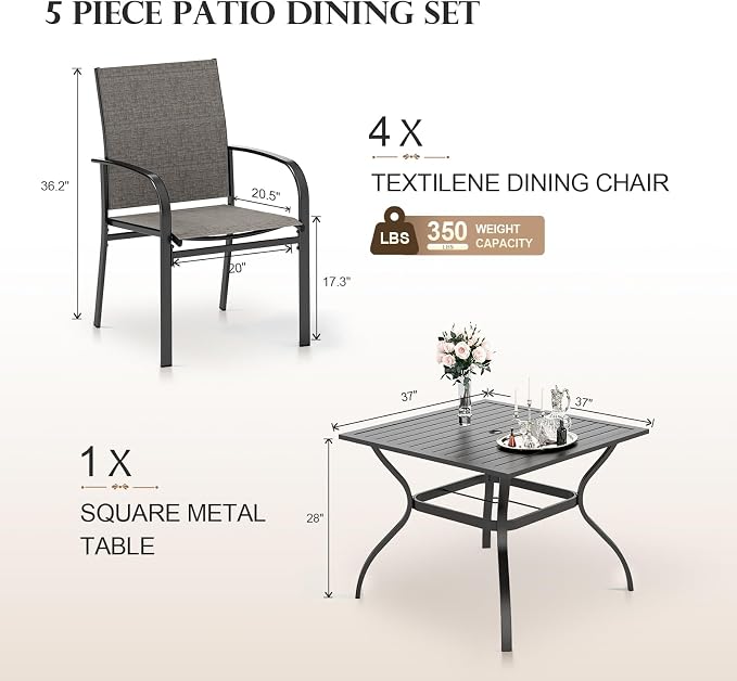 HERA'S HOUSE 5-Piece Patio Table and Chairs, Outdoor Dining Set for 4, Square Metal Table and Textilene Chairs with Umbrella Hole for Lawn Garden Backyard Deck, Brown - Image 6