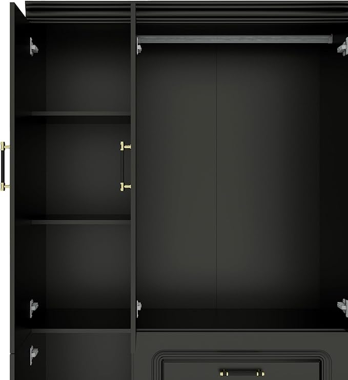 Armoire Wardrobe Closet with Mirror, Armoires and Wardrobes with 5 Doors, Large Wardrobe Closet with Hanging Rods, Wardrobe Armoire with 2 Drawers, Wardrobe Cabinet for Bedroom, Black