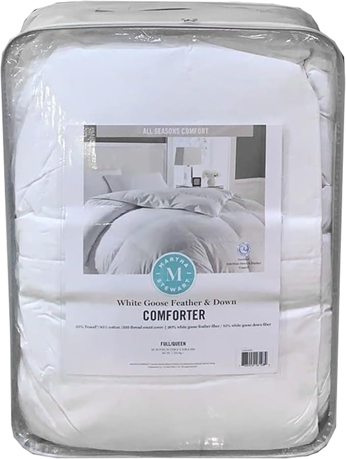 Martha Stewart White Goose Down and Feather Comforter King Size - All Season Warmth Fluffy Duvet Insert with Corner Tabs - Bedding Comforter with 100% Cotton Cover - 106 x 90 Inch