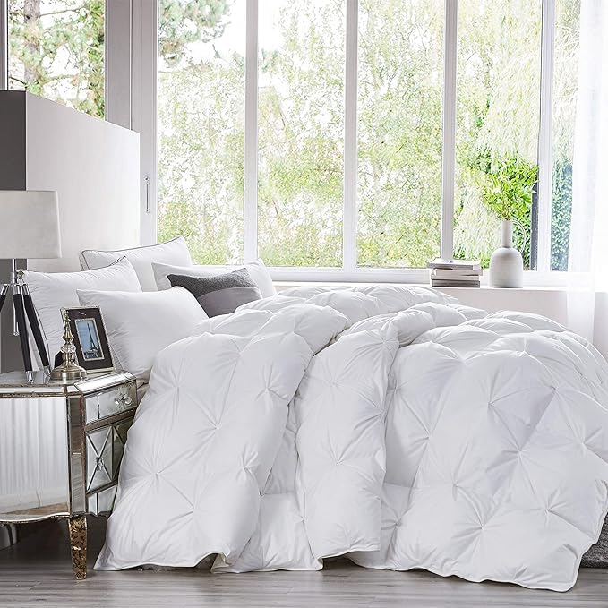 Premium All-Season Queen Size Luxury Siberian Goose Down Pinch Pleated Comforter Duvet Insert 1200 Thread Count 100% Egyptian Cotton Down Feather Comforter (Queen, White)