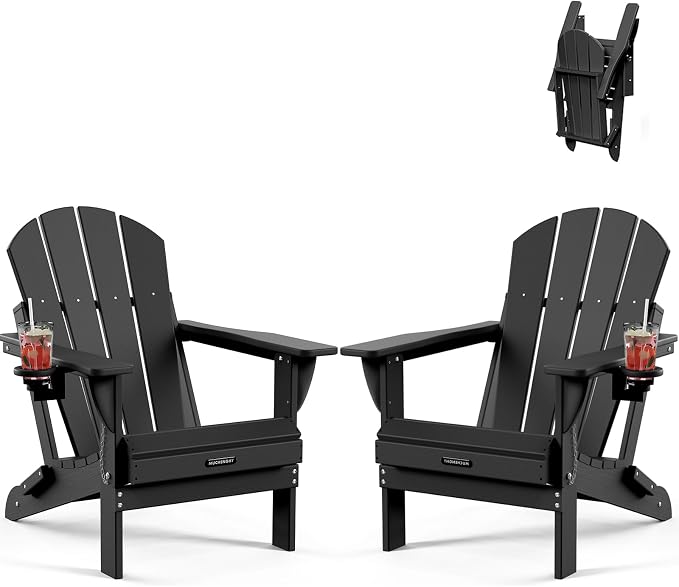 MUCHENGHY Folding Adirondack Chairs 2 Pack, Patio & Outdoor Chairs, Plastic Weather Resistant with Cup Holder for Deck, Backyard, Garden (Black) by MUCHENGHY