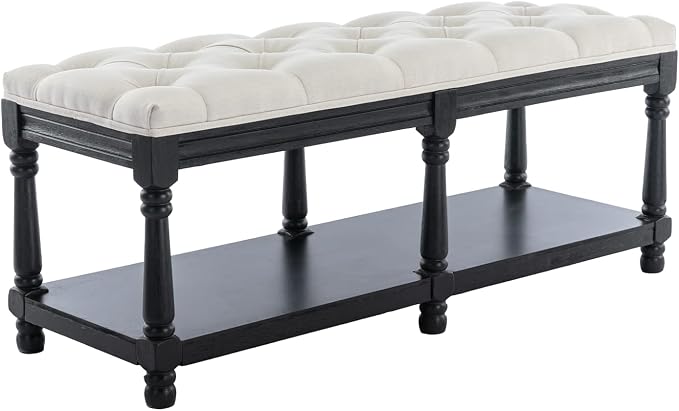 Farmhouse Storage Bench Wooden Entryway Linen Upholstered Ottoman Button Tufted Bench with Black Legs for Bedroom End of Bed Hallway Organizer, Beige, 45 Inch - Image 7