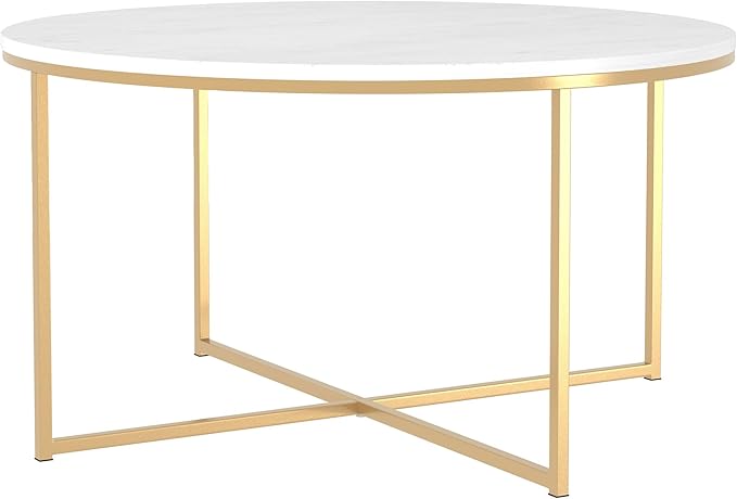 Walker Edison Modern Glam Round Accent Faux White Marble Coffee Table with Gold X-Base, 35.5 Inch