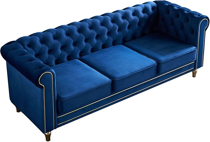 KEIKI 85" Chesterfield Velvet Tufted Button Sofa with Deep Seat Cushions and Rolled Arms, Modern Style 3-Seater Couch Decorated with Gold Strip, Easy Assembly, for Living Room, Bedroom, Office, Blue