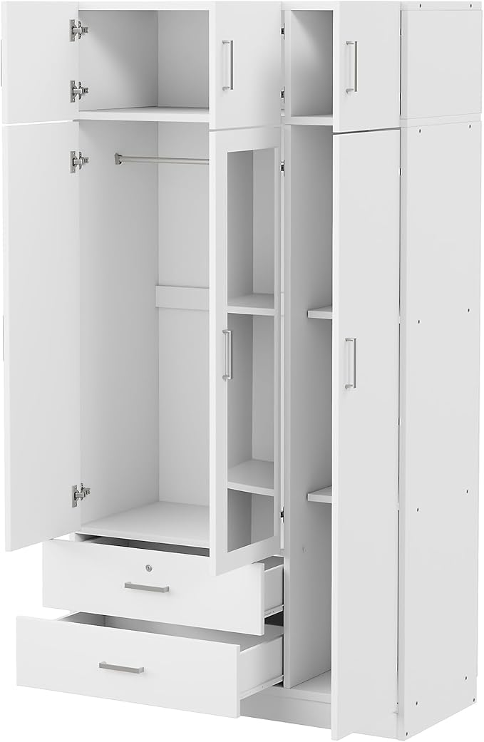 Merax 3 Doors Wardrobe with Mirror Door and Top Cabinet, Wooden Closet Wardrobe Organizers with Hanging Rail, 2 Drawers and 4-Tier Storage Shelves for Bedroom, Laundry Room, White