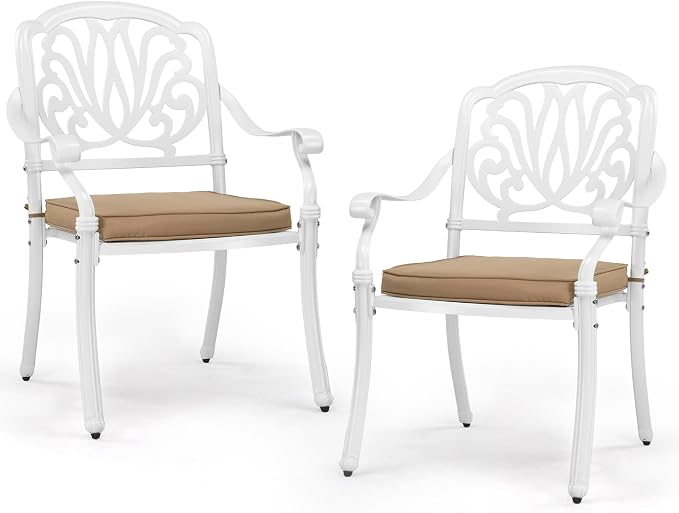 VINGLI Patio Chairs Set of 2 - Stackable Outdoor Cast Aluminum Dining Chairs with Vintage White Finish and Floral Pattern, Metal Armchairs for Poolside, Backyard, Balcony (with Cushion) by VINGLI