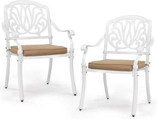 VINGLI Patio Chairs Set of 2 - Stackable Outdoor Cast Aluminum Dining Chairs with Vintage White Finish and Floral Pattern, Metal Armchairs for Poolside, Backyard, Balcony (with Cushion) by VINGLI