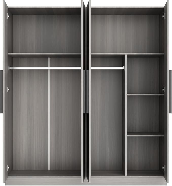 MOUMON 4 Door Wardrobe with Shelves, Armoire Wardrobe Closet with Hanging Rod, Armoire Closet with Wooden Handles, Grey 18.9" D x 63”W x 70.9”H