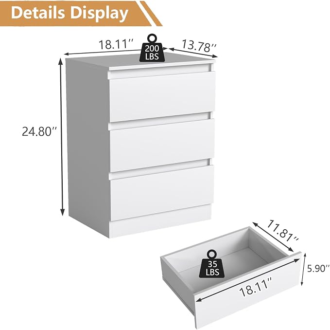 White Nightstand with 3 Drawers,Modern Tall Bedside Table with Storage for Bedroom,End Side Table with No-Handle Design for Living Room - Image 2