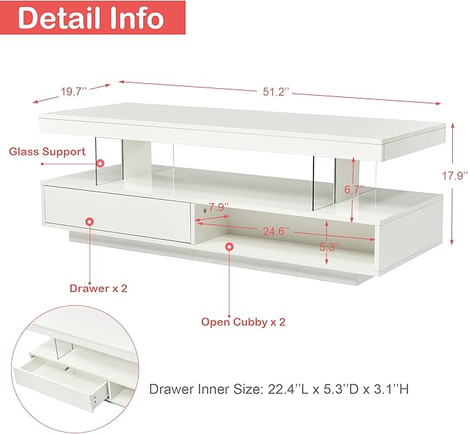 Modern LED Coffee Table with Storage, High Gloss Cocktail Center Table with Drawers, Display Shelves & LED Lights for Living Room, 51.2’’, White