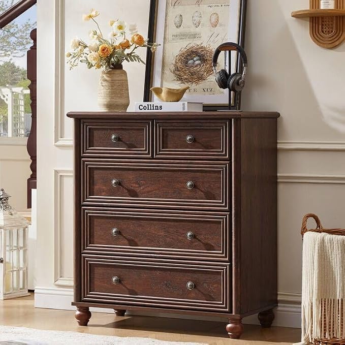 RWYHG Farmhouse 5 Drawer Dresser for Bedroom, 35.5" Walnut Tall Small Dressers & Chest of Drawers, Rustic Wood Dresser with Roman Column, Storage Organizer for Living Room, Hallway, Closet by RWYHG