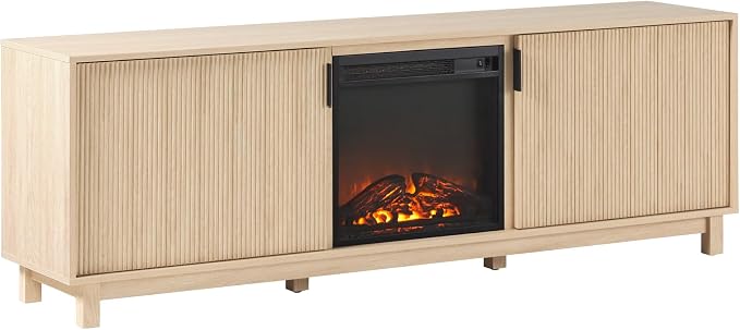Walker Edison Arundo Reeded TV Stand with Fireplace & Storage, 70" Fireplace, Coastal Oak by WalkerEdison