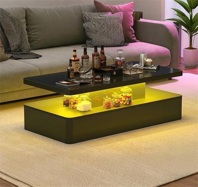 47" Modern Living Room Tables, LED Coffee Table with LED Lights, 2 Tier Rectangular Center Table with Large Storage, High Glossy Surface, Tea Table for Living Room, Black