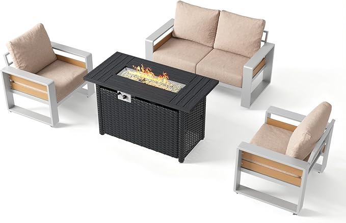 Aoxun Aluminum Patio Furniture Set with Fire Pit Table, 4 Piece Luxury Outdoor Sectional with 6" Olefin Fabric Cushions, Patio Conversation Sets with Waterproof Cover for Backyard, Porch Beige