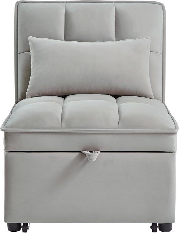 3 in 1 Convertible Sleeper Sofa Chair, Velvet Tufted Single Pull Out Couch Bed with Adjustable Backrest and Pillow