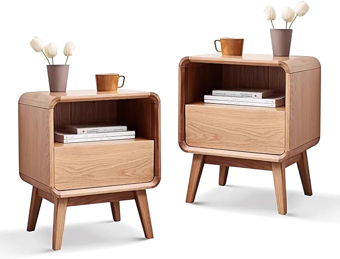 100% Solid Wood Nightstand Set of 2, Small Night Stand with Drawer and Open Shelf, Natural Wood Nightstand, Mid Century Modern Night Stand, Wooden Bedside Table for Bedroom(20.47" H) by Vadisun
