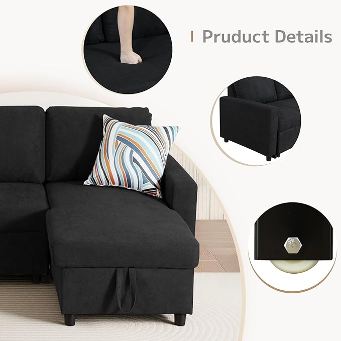 L-Shaped Sleeper Sofa with Chaise Lounge & Storage, Pull-Out Couch Bed with Recliner, Full Size Futon for Living Room, Office, Apartment Black
