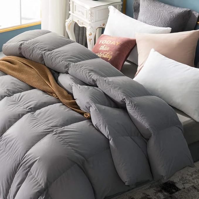 Globon Fusion White Goose Down Comforter Queen Size, Heavy Weight Duvet Insert for Winter 50 Ounce, All Cotton Shell,with Corner Tabs, Winter, Grey