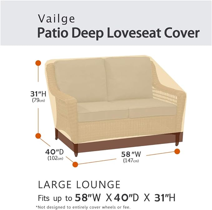 VAILGE 2-Seater Heavy Duty Patio Deep Bench Loveseat Cover, 100% Waterproof Outdoor Deep Sofa Cover, Lawn Patio Furniture Covers with Air Vent, Small (Deep), Beige & Brown - Image 2