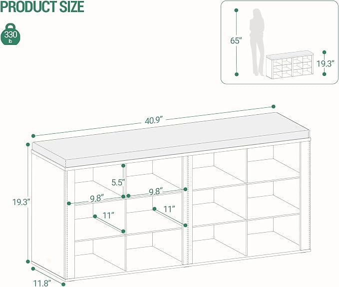 Hzuaneri Shoe Bench with Cushion, Entryway Storage Bench with 12 Cubbies, Cubby Shoe Rack with Adjustable Shelves, Shoe Organizer Cabinet for Living Room, Bedroom, Entryway, Black SB19004GY - Image 2