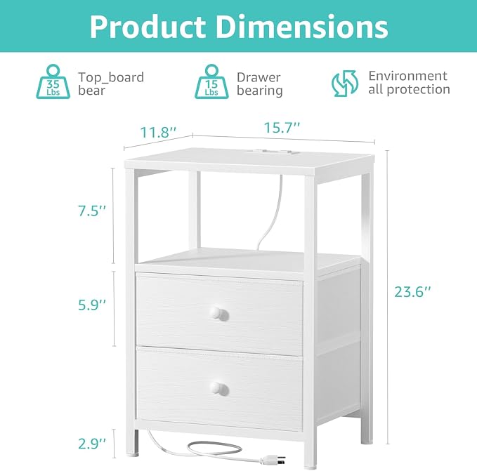 BOLUO White Nightstands Set of 2, Bedroom Night Stand Set Two Nightstand with Charging Station and LED Light, Bedside Table with 2 Fabric Drawers Modern - Image 3