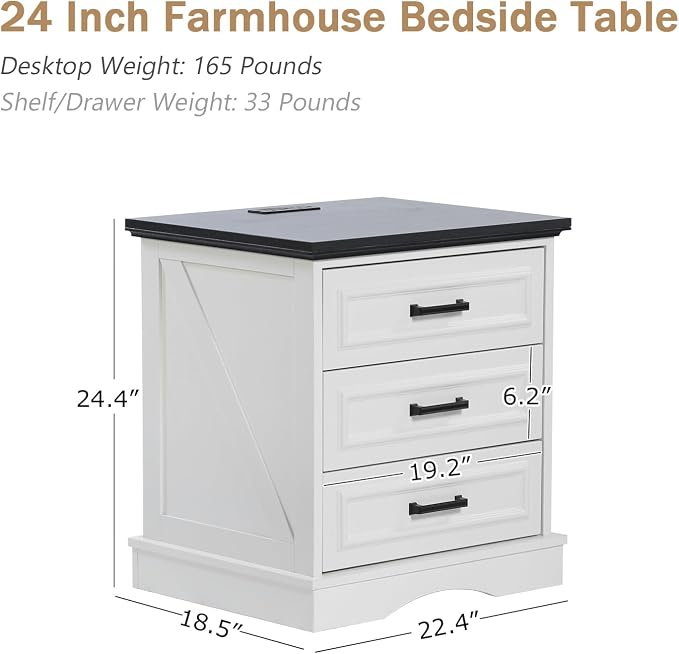 Farmhouse Night Stands Set of 2, Wood Nightstand with Charging Station, 22" Wide End Table with 3 Drawers, White Bedside Cabinet for Bedroom - Image 3