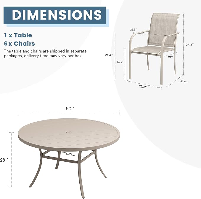 DIFY Patio Dining Set for 6, 7 Piece Outdoor Table and Chairs Set, 50" Round Metal Patio Dining Table and 6 Textilene Stackable Patio Chairs, for Backyard Garden Poolside, Sandshell - Image 8