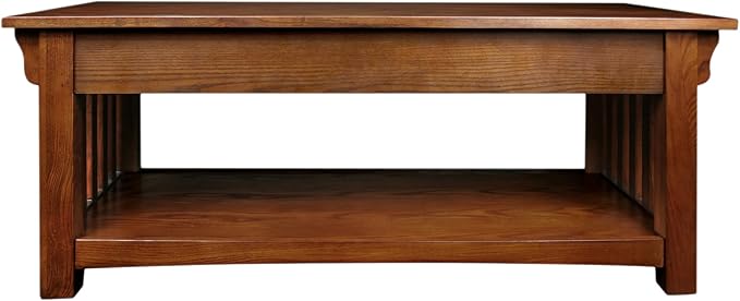 Leick Home Mission Impeccable Coffee Table, Solid Wood with 2 Drawers & Shelf, Medium Oak Finish, Blackened Hardware, Slatted Sides, Easy Assembly, 48 in W x 24 in D x 19 in H, 8204