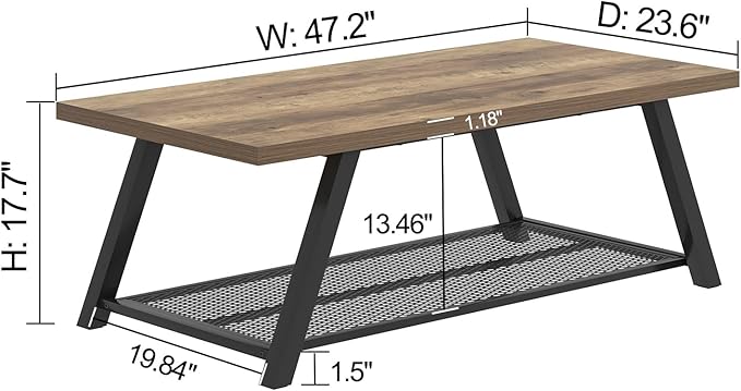 FOLUBAN Coffee Table with Storage, Modern Rustic Wood and Metal Coffee Tables for Living Room, Industrial 2-Tier Center Tea Cocktail Table, Oak, 47 Inch
