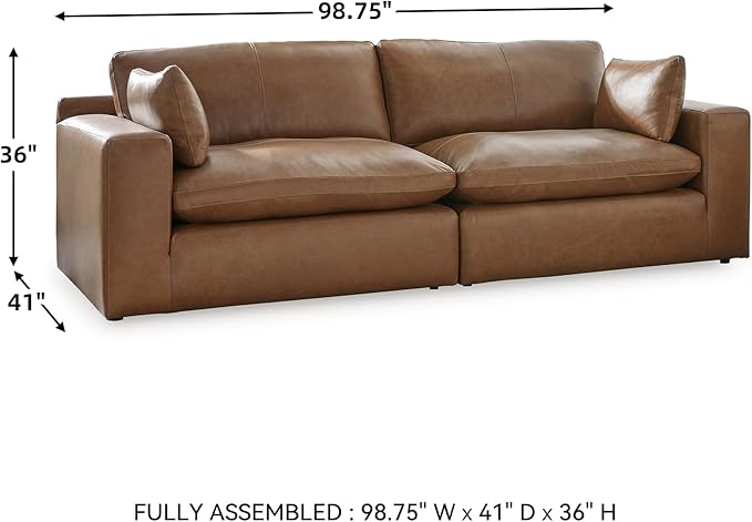 Signature Design by Ashley Emilia Modern Leather Match 2-Piece Sectional Loveseat with Loose Back Cushions and 2 Bolster Pillows, Light Brown