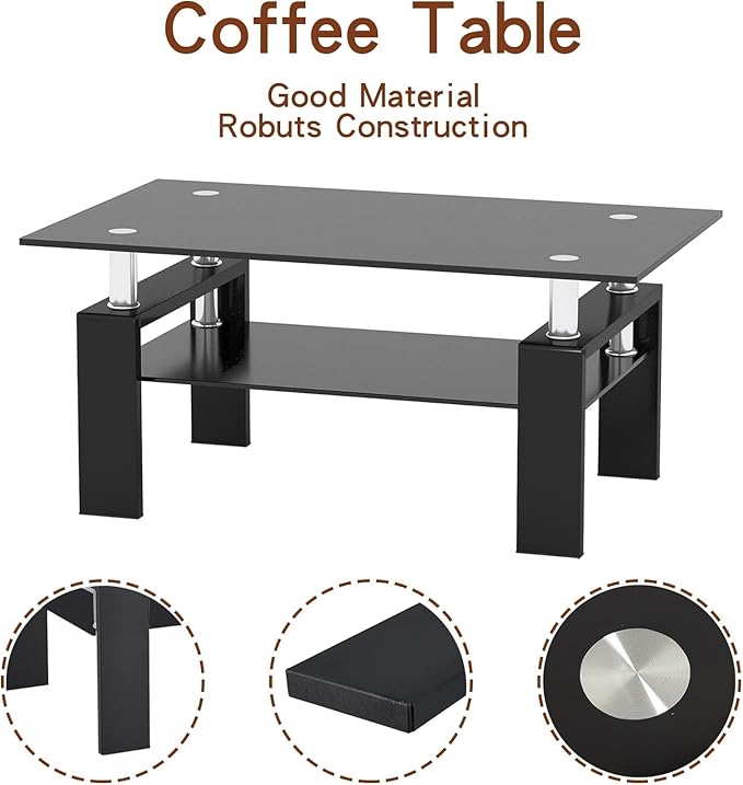 IANIYA Rectangle Tempered Glass Coffee Table, Modern Living Room Table with Storage & Black Metal Legs, Center Table for Bedroom Home Office Small Space Waiting Room