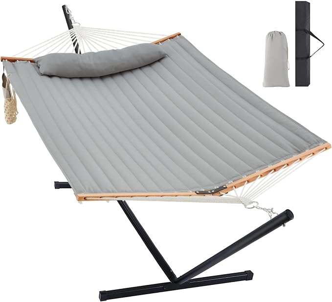 Homgava Two Person Hammock with Stand for Outside Heavy Duty, Outdoor Patio Hammock with Portable Steel Stand, Large Double Hammocks,480lbs Capacity.(Middle Grey) by HomgavaLiveWhatYouLove