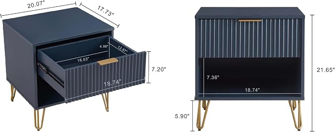 Manhattan Comfort Dumbo Fluted Nightstand with Drawer and Open Shelf, Gold Hairpin Legs and Metal Handle, Snap Tool-Free Assembly, Modern Bedside Accent Table for Bedroom, Living Room in Midnight Blue - Image 3