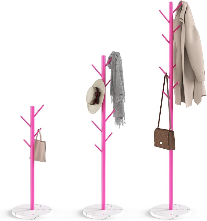 HzTinT Coat Rack with Natural Marble Base, Metal Freestanding Coat Rack with 8 Hooks, 3 Adjustable Size Sturdy Coat Tree for Bags, Coats, and Hats for Entryway, Hallway, Bedroom, Office, Pink by HzTinT
