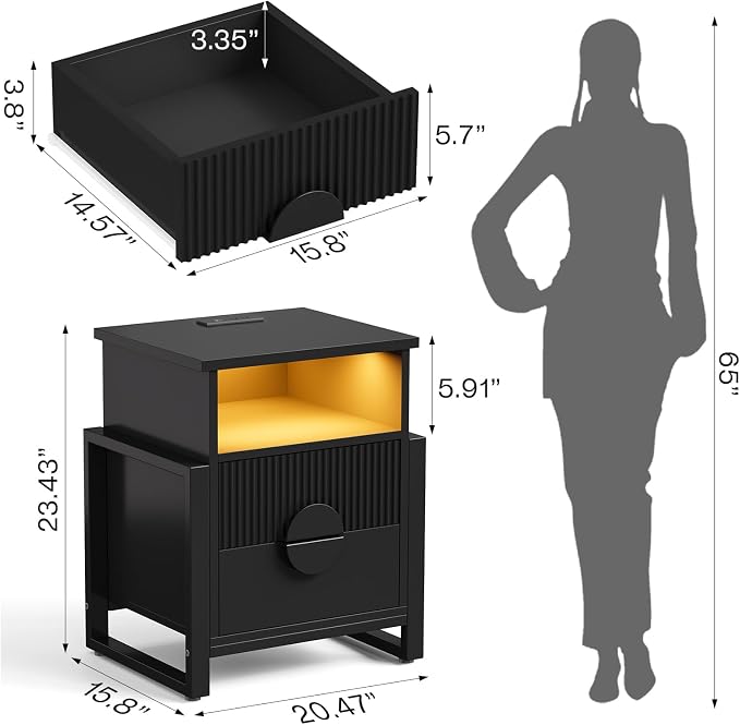 LGHM Set of 2 Fluted Nightstand with Charger Station Strip Lights, 20.47" W Night Stand with 2 Drawers, Large Accent Bed Side Table and End Table, Large Open Cubby, Raising H Legs,Black - Image 3