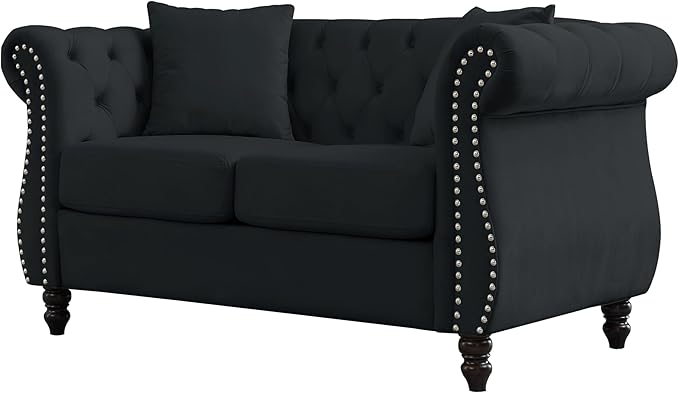 KEIKI Chesterfield Sofa, Retro Style Upholstered 2 Seater Velvet Couch with Rolled Arm for Living Room Bedroom Office Apartment, Black