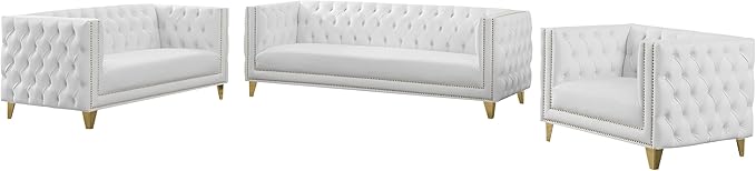 Meridian Furniture 651White-L Michelle Collection Modern | Contemporary Loveseat with Deep Button Tufting, Gold Nailhead Trim and Sturdy Gold Iron Legs, White Vegan Leather, 66" W x 34" D x 30" H