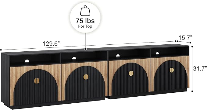 BELLEZE Set of 2 65 Inch Fluted TV Stand, Mid Century Modern Entertainment Center with Storage Cabinets & Open Shelves, Media Console TV Cabinet with Adjustable Shelves for Living Room, Camel - Image 6