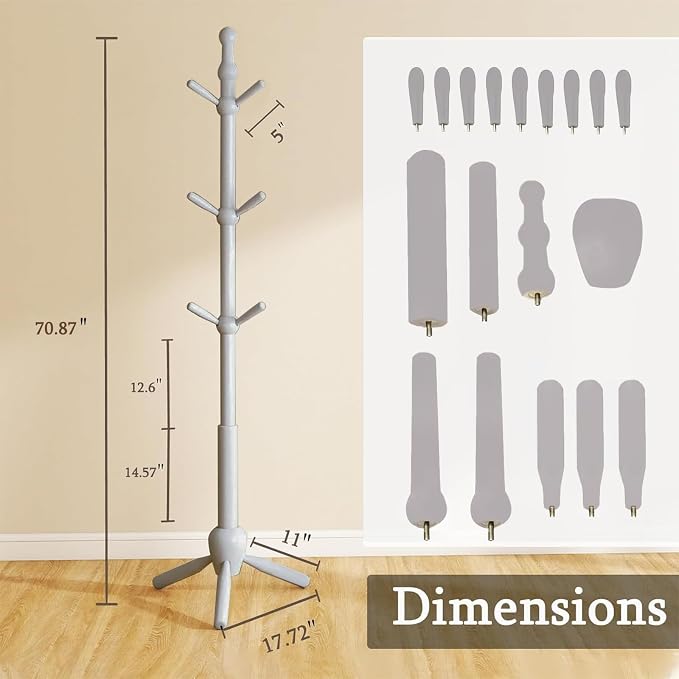 Solid Wood Coat Rack Stand, Vintage Heavy Duty Coat Hanger Stand with 9 Hooks, 3 Adjustable Size Sturdy Coat Tree for Living Room, Entryway, Office, Hallway, Grey - Image 3