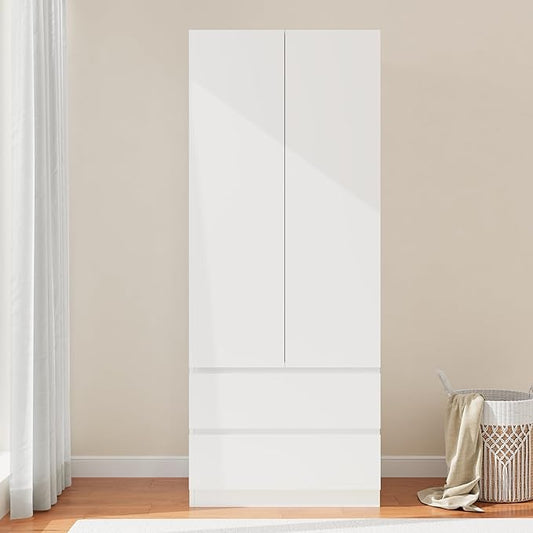 Wooden Armoire Wardrobe Closet with 2 Doors, 79" Bedroom Wardrobe with 2 Drawers, Cabinet for Clothes with Hanging Rod & Shelves, Freestanding Closets for Bedroom (White, 1)