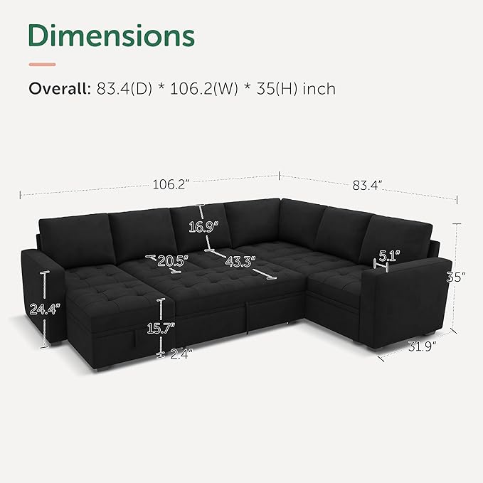 HONBAY Modular Sectional Couch with Pull Out Bed Sleeper Sofa with Storage U Shaped Modular Sectional Couches for Living Room,Velvet Black