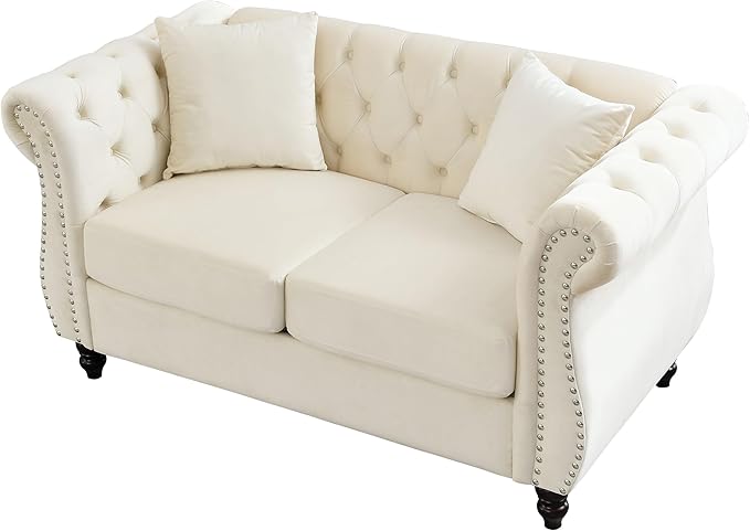 KEIKI Chesterfield Sofa, Retro Style Upholstered 2 Seater Velvet Couch with Rolled Arm for Living Room Bedroom Office Apartment, Beige