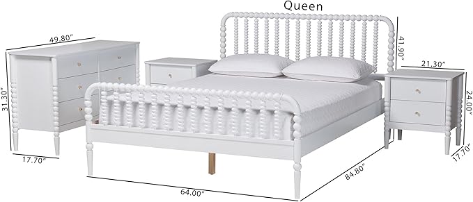 Baxton Studio Lucera Bobbin Wood Bedroom Set, 4-Piece, Full, White