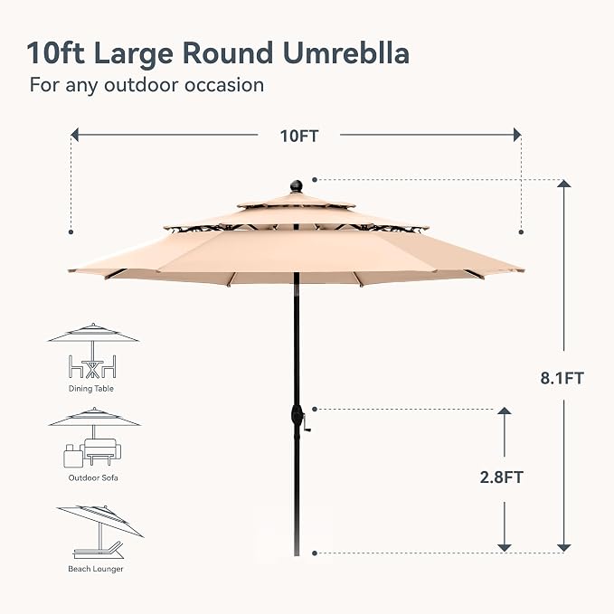 PHI VILLA Outdoor Patio Dining Set for 4 with 10ft 3-Layer Auto-tilt Round Umbrella(Beige),Includes 4 Outdoor Swivel Chairs with Cushions and a Metal Square Table, Perfect for Garden, Lawn, or Deck - Image 2