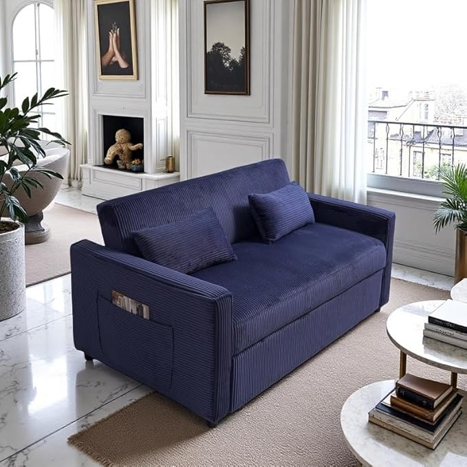 Ball & Cast 55" 3 in 1 Loveseat Futon Sofa-Bed,Convertible Pull Out Couch,Corduroy Upholstered Sleeper Sofa Bed with Adjustable Backrest,Side Pocket and 2 Pillows,Chaise Lounge for Living Room,Blue