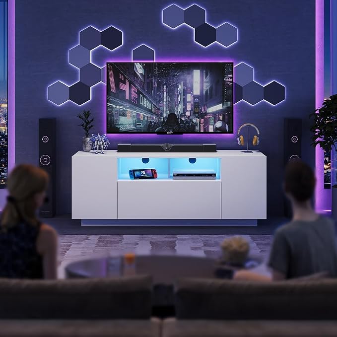 WLIVE TV Stand with LED Lights & Large Storage Cabinet, Modern Entertainment Center for 32/43/50/55 Inch TVs, Sturdy Media Console for Living Room, Bedroom, Gaming, White - Image 6