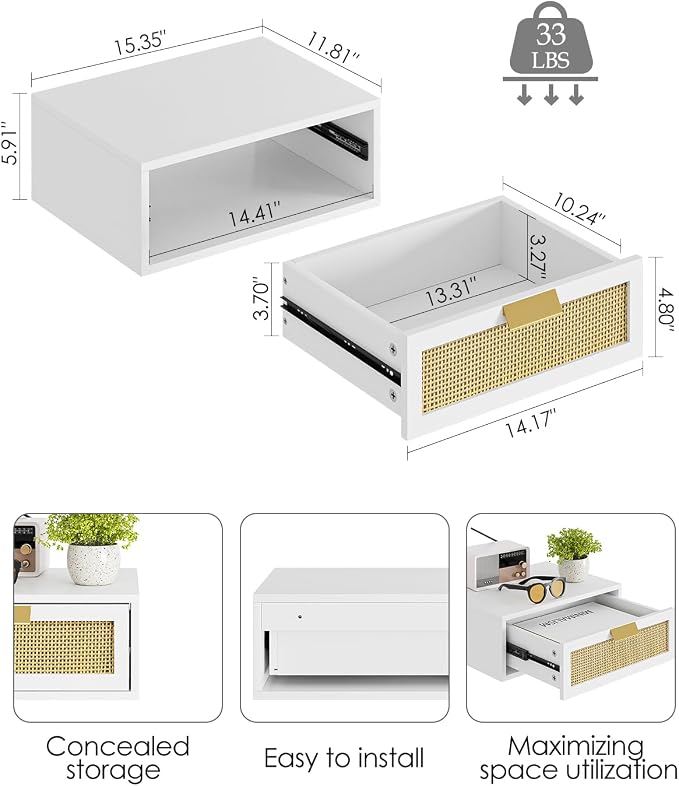 Aienvey Floating Nightstand, Floating Shelf with Drawer, Wall Mounted Nightstand, Floating Bedside Table (White Rattan) - Image 2