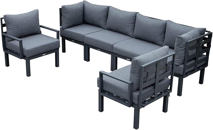 LeisureMod Outdoor Patio 7-Piece Conversation Set, Aluminum Sectional & Black Cushions with Coffee Table