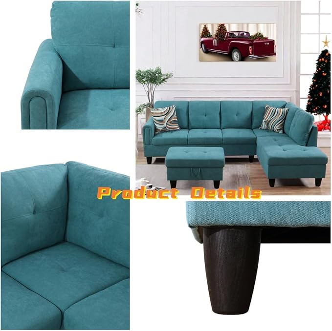 FONTOI L Shaped Sectional Couch with Otttoman, 97" Sectional Sofa for Living Room Flannel Modular Couches with Cup Holders for Bedroom, Apartments, Blue