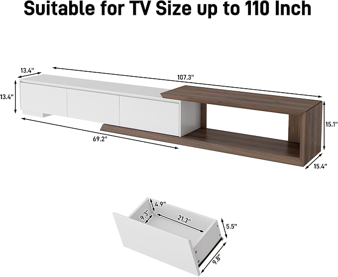 chartustriable Extendable TV Stand with 3 Drawers, Modern Minimalist Entertainment Center, Reversible Long TV Media Console, Bevel Design, 82-107.3 Inch, White & Walnut - Image 3